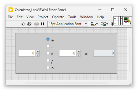 Front panel of the calculator in LabVIEW.